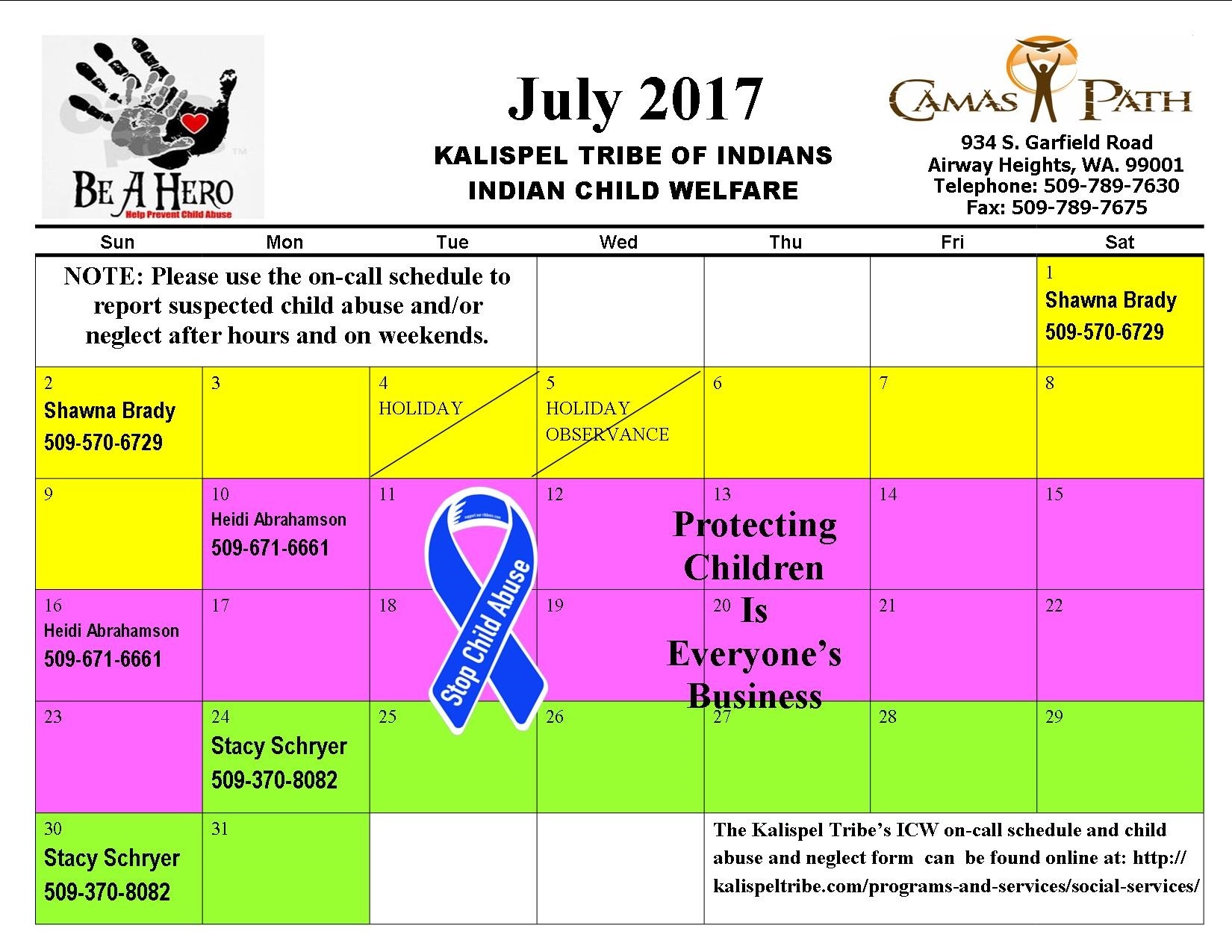 ICW On Call Calendar for July 2017